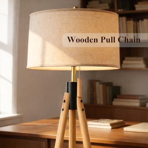 Mid Century Modern Tripod Floor Lamp, Gold Accented Two-Tone Solid Wood Floor Lamp with Black-Finished Solid Wood Center, Linen Shade & Pull Chain, Tall Lamp for Living Room Bedroom Reading Corner - Thumbnail 2