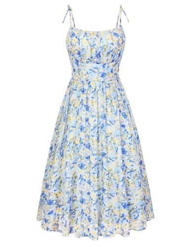 Belle Poque Blue Floral Dress for Women Spaghetti Strap Midi Sundress 2026 Summer Spring A line Casual Cute Dresses L - Image 1