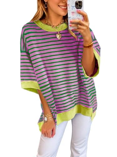 XINWEIZZ Oversized T Shirts for Women Casual Short Sleeve Striped Knit Shirt Crewneck Sweatshirts High Low Loose Blouse Tops - Image 1