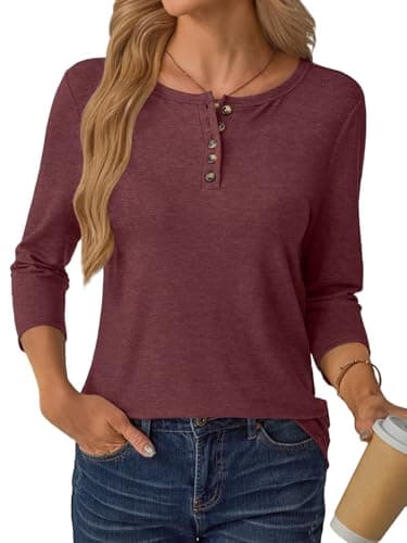 GKBK 3/4 Sleeve Womens Tops Fall Clothes Henley Casual Spring Summer Lightweight Basic Tunic Shirts Wine Red - Thumbnail 3