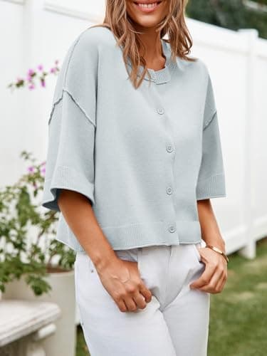 Cicy Bell Womens Half Sleeve Cardigan Sweaters Cropped Button Down Tops Oversized Lightweight Ribbed Knit Summer Outfits Grey Blue - Thumbnail 3