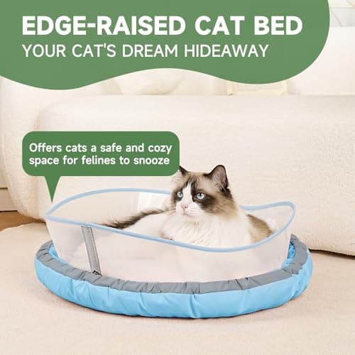 Cat Beds for Indoor Cats, Round Dog Bed for Small Dogs, Puppy, Kitten -Soft Plush Washable Cat Bed Calming with Protective Shield (Blue，18 Inches) - Thumbnail 4