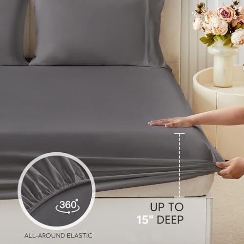 Tokokimo Queen Sheet Set 4 Piece, Super Soft Washed Cotton-Linen Feel Microfiber, 16" Deep Pocket Fitted Sheet, 1 Flat Sheet, 2 Pillowcases, Breathable Bed Sheets, Grey - Thumbnail 4