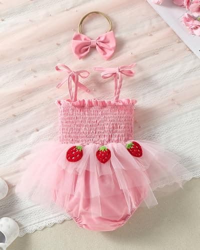 ChuYuKu Baby Girl First Birthday Outfit Sleeveless Tulle Princess Dress 1st Birthday Gift Party Wedding Clothes Strawberry - Thumbnail 4