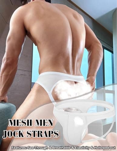 Avidlove Jock Straps for Men Sexy Thong Underwear Mesh Male Lingerie Breathable Athletic Supporter White X-Large - Thumbnail 4