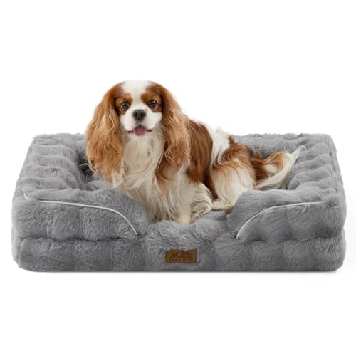 COZY KISS Orthopedic Dog Bed for Medium Small Size Dog, Soft and Warm Faux Fur Sofa for Pet Up to 40 lbs, Foam Bolster Anti-Slip Couch with Washable Removable Cover, M 30x20x6.5 inch, Grey