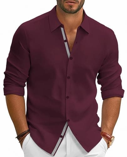 PJ PAUL JONES Mens Casual Button Down Shirt Untucked Wrinkle Free Shirts Long Sleeve Dress Shirt Burgundy XXL - Image 1