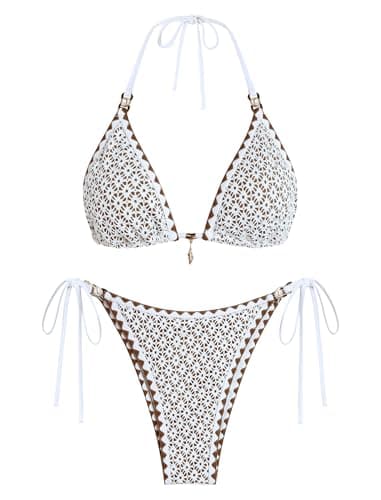 ZAFUL Womens 2 Piece Triangle Bikini Hollow Out Halter Bikini Sets Sexy Bathing Suit High Waisted Side Tie Swimsuits 1-Brown M - Image 1