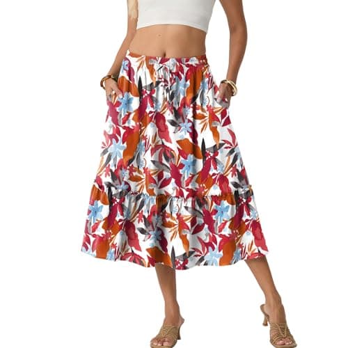 FREEOAK Women's Linen-Like High Waisted Pleated Midi Skirt with Pockets Flowy Summer Skirt for Vacation A-Line Boho - Image 1
