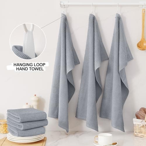Homaxy Premium Kitchen Towels (18"x 28", 6 Pack), Large 100% Cotton Kitchen Hand Towels, Ultra Absorbent Ribbed Terry Tea Towels Set with Hanging Loop, Grey - Thumbnail 4