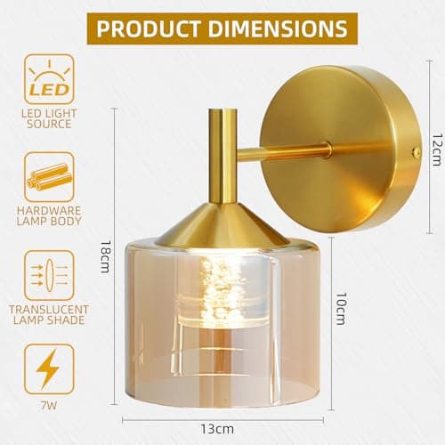 TYhogar Wall Sconces Set of Two,Gold Wall Lights with Amber Glass,Acrylic Bubble Wick Sconces Wall Decor Set of 2,Hardwired 3 Color Temperature Wall Sconce for Bathroom,Bedroom,Living Room - Thumbnail 6