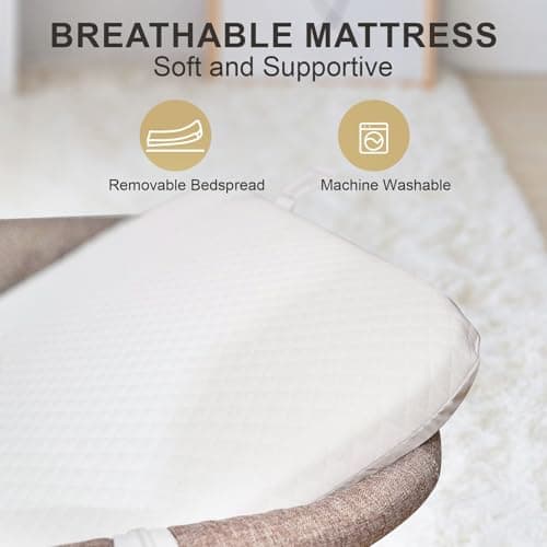cutebeams Baby Bassinet, 4 in 1 Bedside Bassinet for Baby, Rocking Bassinet with Mattress and Mosquito Net, 5-Height Adjustable, Breathable Mesh (Pink) - Thumbnail 6