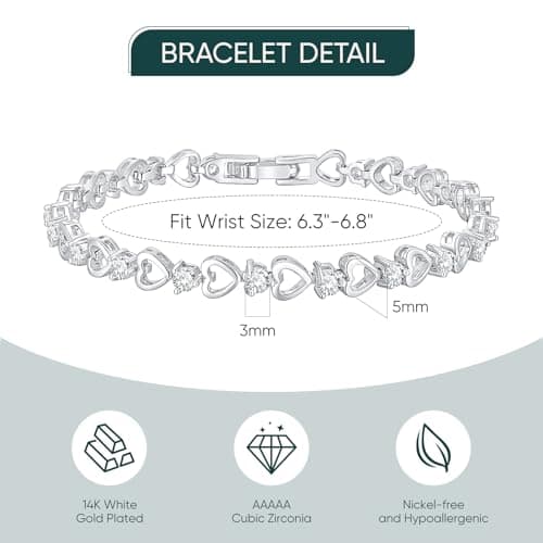 Goxygen Gold Heart Tennis Bracelet for Women - 14K Gold Plated 3mm Cubic Zirconia Heart Link Bracelet, Elegant CZ Tennis Bracelet, Dainty Trendy Anniversary Birthday Christmas Jewelry Gift for Her - Thumbnail 4