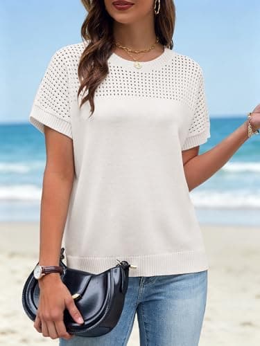 Anbech Womens Crochet Top Knitted Tops for Women Light Sweaters White Sweater Casual Outfits White, M - Thumbnail 6