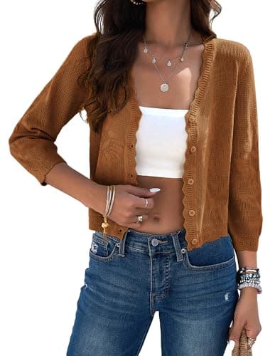 Kate Kasin Crochet Crop Brown Cardigans Sweater for Women Trendy Lightweight 3/4 Sleeve Button Down Knitted Shrugs Top XL - Image 1