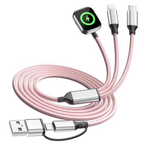 Travel Cruise Essentials,3 in 2 Multi Charging Cable for iWatch Charger/IP/USB C,Pink 1-Pack 5FT Braided USB A/C Cable Designed for Multiple Devices,Car Accessories for iWatch Ultra/SE & iPhone 17-11