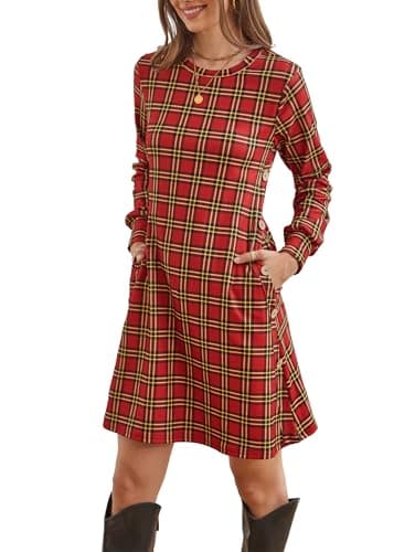Kikibell Sweatshirt Dress Women Fall Maternity Dress Casual Fall Dresses for Women Red Plaid 2XL