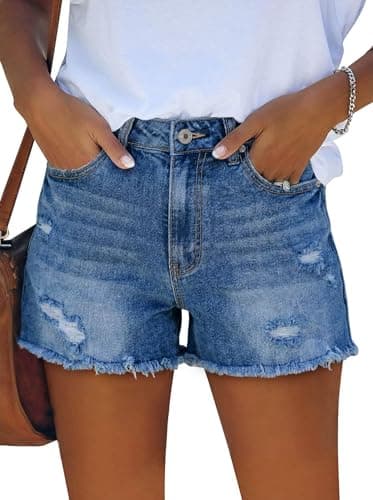 onlypuff Ladies Distressed Shorts Mid Waisted Denim Jeans for Teen Girls Stretchy Pants Blue 12 - Image 1