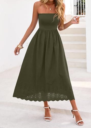 Lazysmile Summer Boho Maxi Dress for Women Strapless Tube Top Lace Trim A Line Beach Casual Long Dress Army Green - Thumbnail 5