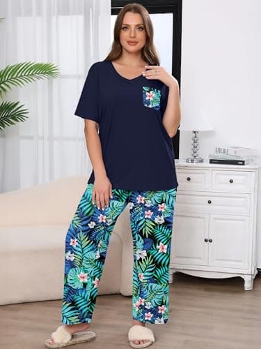 AusLook Plus Women Pajamas Set 2 Piece Lounge Sets Short Sleeve Top and Full Length Pant Chest Pocket Matching Maternity Christmas Print Black Jungle Blooms 2X Pjs Loungewear Sleepwear - Thumbnail 3