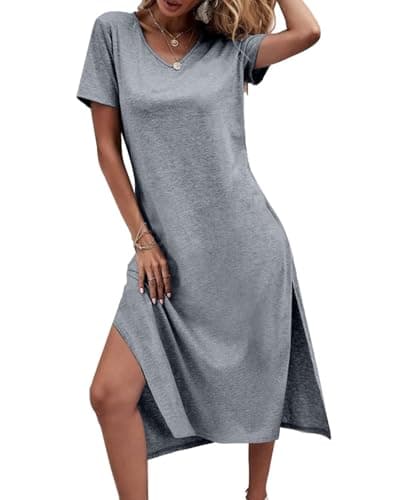 Dyexces Women Summer T Shirt Dress Casual Short Sleeve T Shirts V Neck Maxi Dresses Loose Tshirts Side Slit Long Tshirt Midi Dress with Pockets B-Grey - Thumbnail 2