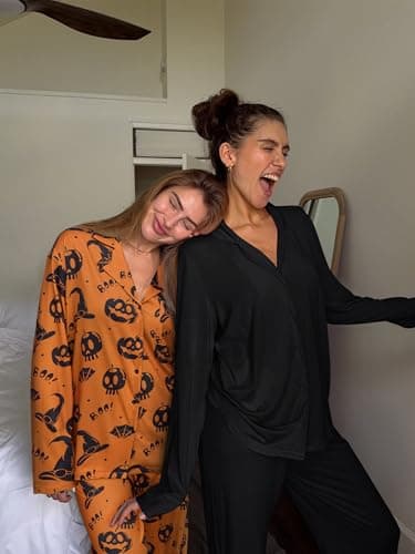 REORIA Funny Halloween Pajamas Women Button Up 2 Piece Pajama Set Sleepwear Black Medium - Thumbnail 5