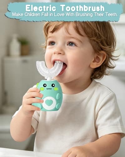 Kids Electric U Shaped Toothbrush, Sonic Automatic Toothbrush Kids with 4 Brush Heads, 3 Cleaning Modes, Cartoon Dinosaur IPX7 Waterproof 360º Round Toddler Electric Toothbrush(Green, Ages 2-12) - Thumbnail 3