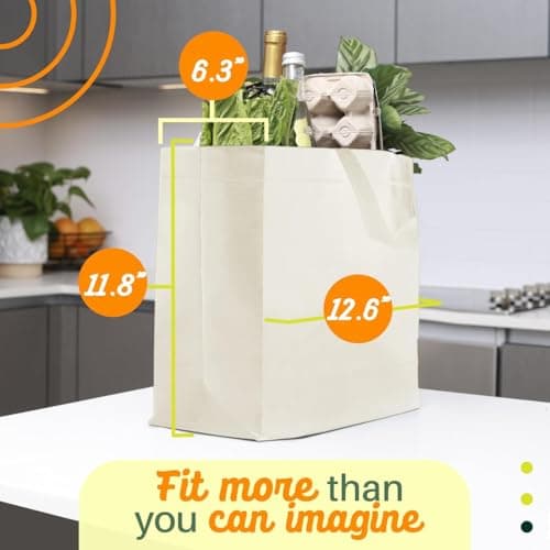 Simply Cool 50 Pack Reusable Eco-Friendly Grocery Shopping Bags 12.6"x6.3"x11.8" Durable, Recyclable, Washable, Foldable, Portable Tote Bags Bulk (50 Pack,Cream) - Thumbnail 5