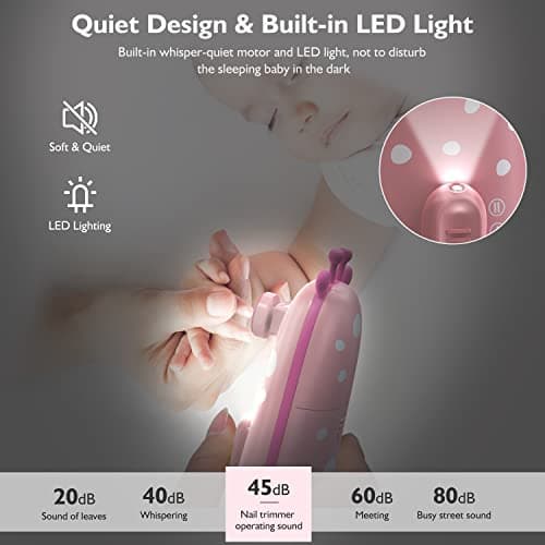 Baby Nail Trimmer Electric Baby Nail File Safe Baby Nail Clippers with Light 10 Grinding Heads Queit Baby Nail Polish Grooming Kit for Newborn Infant Toddler Toes Fingernails Care, Pink - Thumbnail 3