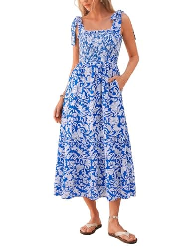 Kate Kasin Summer Womens Floral Boho Maxi Dress, Spaghetti Tie Strap Long Sun Dresses, 2026 Vacation Beach Smocked Sundresses - Image 1