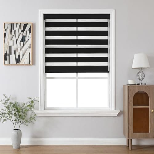 Joydeco Cordless Zebra Blinds for Windows, Dual Layer Light Control Window Blinds with Light-Proof Aluminum Cover, Free-Stop Roller Shades for Home & Office (Black,34.5" W x 75" H) - Thumbnail 2