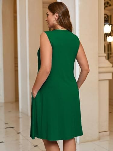 AusLook Plus Size Midi Dress for Women Sleeveless Casual Summer Green 1X Tank Dress with Pockets Round Neck A-Line Swing Flowy Solid Color Travel Vacation Sundress - Thumbnail 2