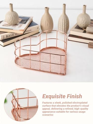 Rose Gold Wire Storage Basket, Metal Mesh Organizer for Desk/Cosmetic/Bathroom/Laundry Room, Decorative Bin with Heart Pattern, Sturdy & Multi-Purpose for Home Organization - Thumbnail 5