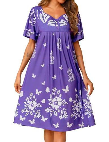 Marvmys Women House Dress with Pocket Mumu Nightgowns Short Sleeve Moomoo Dresses Sleepwears Dress Purple M - Image 1