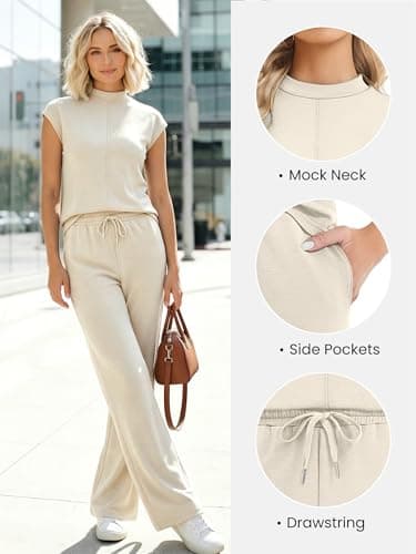 Casly Lamiit Lounge Sets for Women 2 Piece Summer Vacation Travel Outfits Mock Neck Cap Sleeve Pants Set Spring Airport Outfit 2026 Beige XL - Thumbnail 2