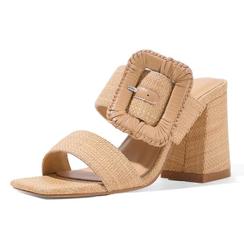 Ancomafio Womens Heeled Sandals Raffia Sandals Square Open Toe Chunky Block Heels Double Strap Summer Dressy Mules Slip On Tan Size 10 - Image 1