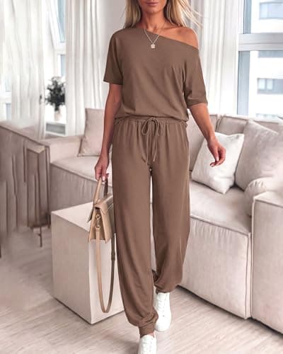 Zenlonr Women Summer 2 Piece Outfits 2026 Off Shoulder Short Sleeve Tops Elastic Waist Drawstring Long Pants Tracksuit(Dark Khaki,Small) - Thumbnail 5