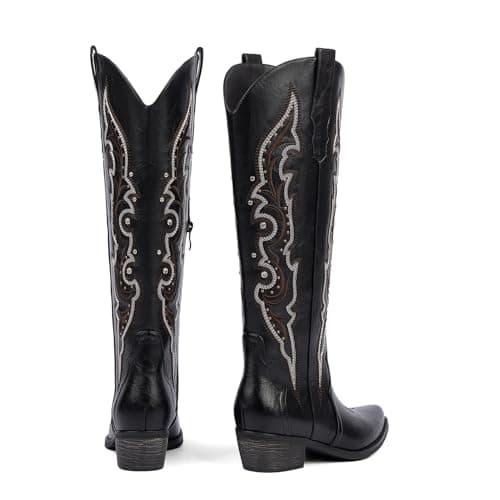 QIY Womens Cowboy Cowgirl Boots Black Knee High Cowgirl Rhinestone Sparkly Western Embroidered Tall Cowboy Boots for Women with Chunky Low Heel Pointed Almond Toe Side Zipper Black Size 9 - Thumbnail 5