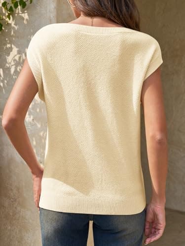Saodimallsu Womens Cap Sleeve Sweater Tops Casual Crewneck Lightweight Knit Loose Summer Sleeveless Sweater Vest Apricot - Thumbnail 5