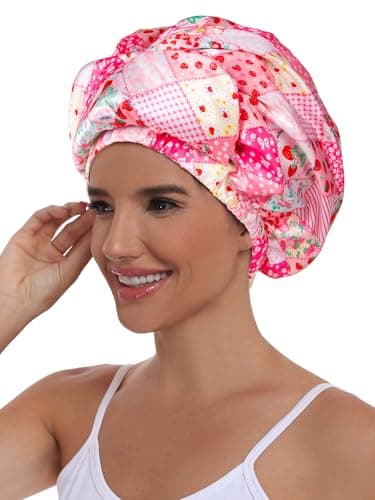 Vettres Double Layer Satin Bonnet with Eye Mask Adjustable Silk Sleep Cap Turban Style Hair Wrap for Curly Hair Pink Strawberry - Thumbnail 3