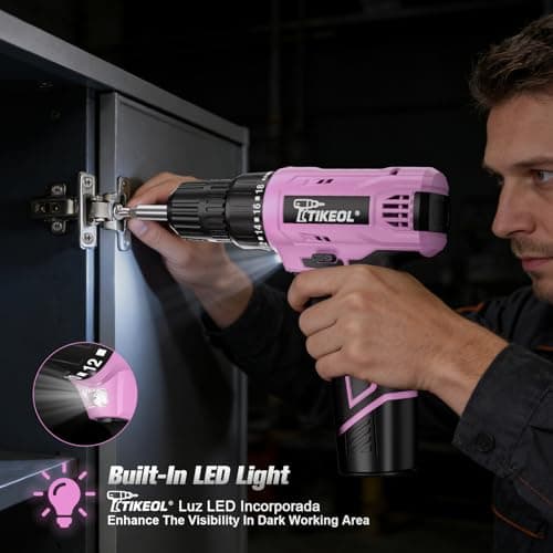 TIKEOL 12V Cordless Drill Set with Battery & Charger, Electric Power Drill with Pure Copper Motor, 180 In-lbs Torque, 18+1 Clutch, 3/8" Keyless Chuck, LED Light, Drill Kit for Home Repair, DIY(Pink) - Thumbnail 6