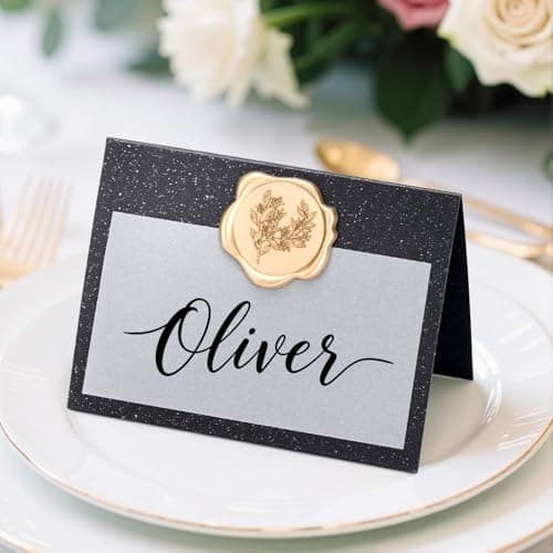 LITTOBEBE 50 Pcs Premium Place Cards, Small Table Cards with Antique Gold Rose Wax Seal Sticker, 4“ x 3“ Tent Card, Escort Cards, Name Card, Wedding, Dinner Parties, Seating Card (Pearlescent Black) - Thumbnail 2