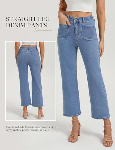 Belle Poque Women Straight Leg Jeans Light Blue Mid Rise Stretchy Wide Leg Denim Pants with Pockets Front (Light Blue, 6) - Thumbnail 6