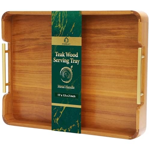 Fopeat Solid Teak Wood Serving Tray with Handles, 17"x13"x2" Rectangular Ottoman Tray for Living Room Kitchen Party, Rustic Decorative Tray for Home Coffee Table Breakfast Dinner Bar - Image 1