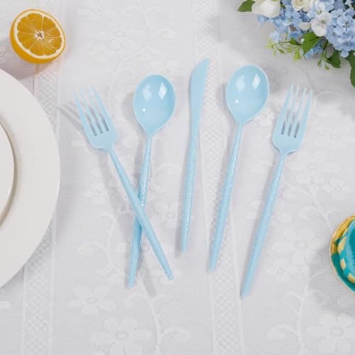 LIYH 150 Pcs Baby Blue Plastic Cutlery Sets - Light Blue Plastic Silverware Heavyduty, Disposable Utensil Sets, 50 of Each Forks, Knives & Spoons Flatware Set for Party Birthday Easter - Thumbnail 3