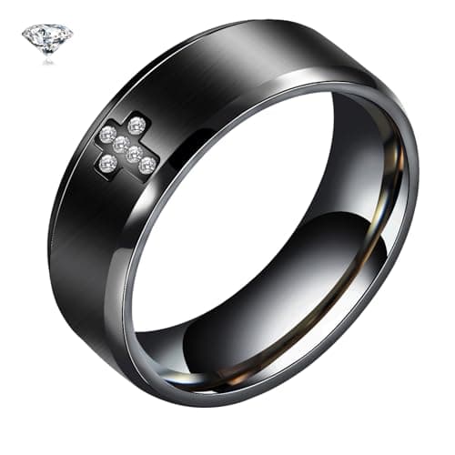 SYDNFZY Mens Wedding Band Ring - 8mm Stainless Steel Engagement Promise Rings for Men Women, Cross Classic Ring with Princess Cut Cubic Zirconia for Men Jewelry Gift Ring Size 6 7 8 9 10 11 (Black, 9) - Image 1