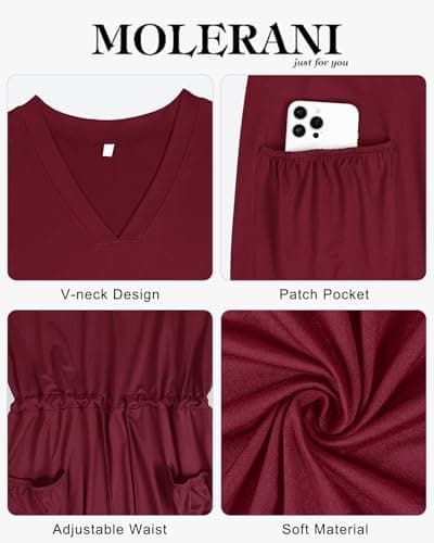 MOLERANI Women's Short Sleeve V-Neck Maxi Dress with Pockets — Adjustable Drawstring Waist for Summer Beach and Vacation Wine Red, M - Thumbnail 5
