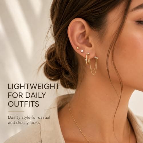 A Lots MiLi 5 Pcs Gold Earring Stack Set for Women - Cartilage Earrings with Flat Back Studs, Huggie Hoop and Dangle Chain Earrings, Stackable Helix Tragus Conch Piercing Jewelry - Thumbnail 6