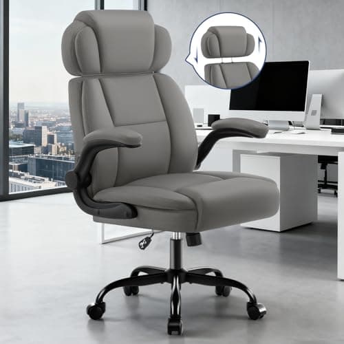 AreShark Ergonomic Office Chair with Lumbar Support, 400lbs Heavy Duty Big and Tall Executive Desk Chair, PU Leather High Back Computer Chair with Flip-Up Arms & Adjustable Headrest, Gray - Image 1