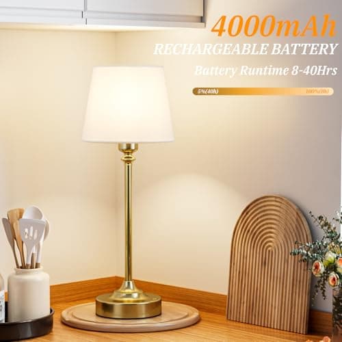 Cordless Table Lamp Rechargeable Gold - 1 Pack Brass 4000mAH Battery Operated Lamp for Decor, 3000K Stepless Dimming Touch Control Wireless Lamp for Bedroom, Dining Table, Counter, Living Room - Thumbnail 3